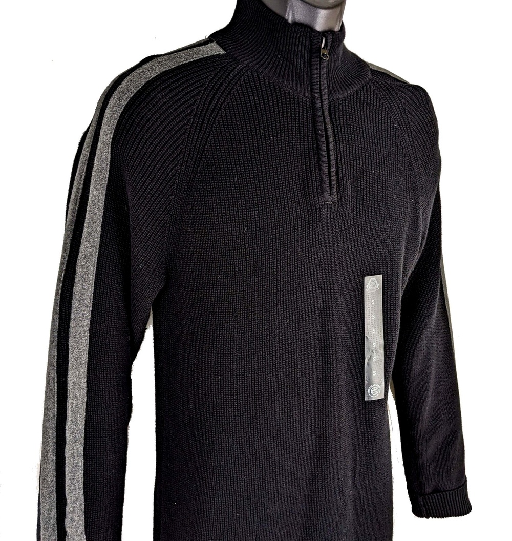 NWT American Rag Men's SM Black Ribbed 1/4 Zip Racing Stripe Pullover Sweater